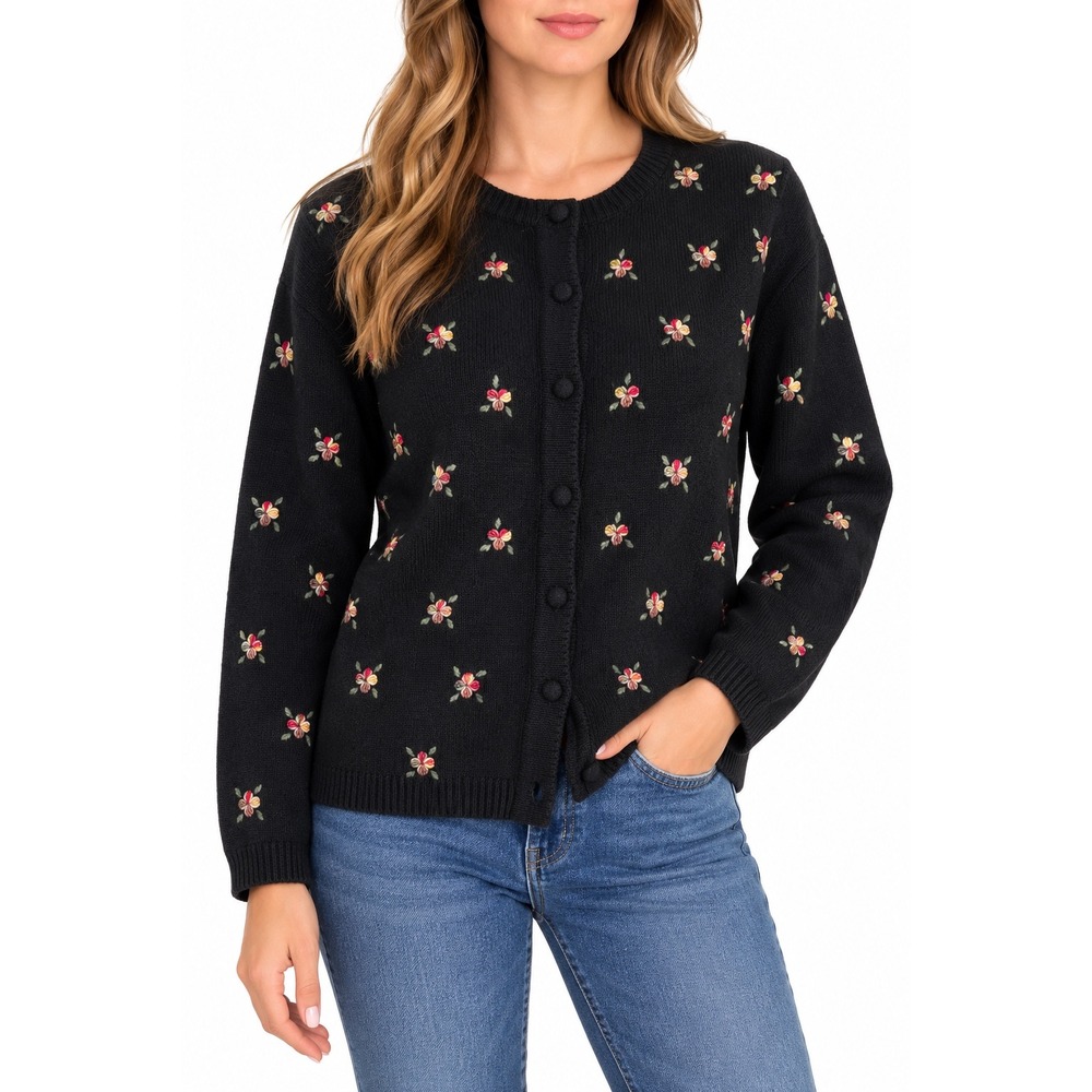 Vintage Cardigan Sweater Country Floral Embroidered Button Front Black Medium